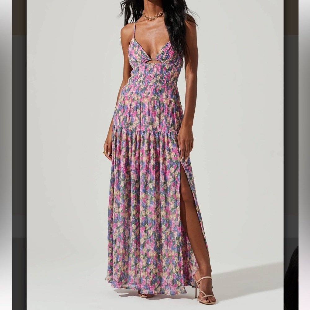 Tropics Plunge Neck Pleated Open Back Maxi Dress Astr the label size large